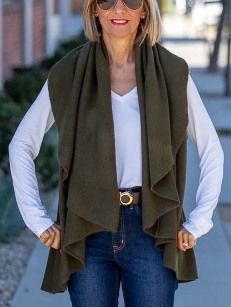 Lou Lou, Look Open-Front Olive Green Knit Vest Shawl One Size, New With Tags Nwt — image 2 of 8